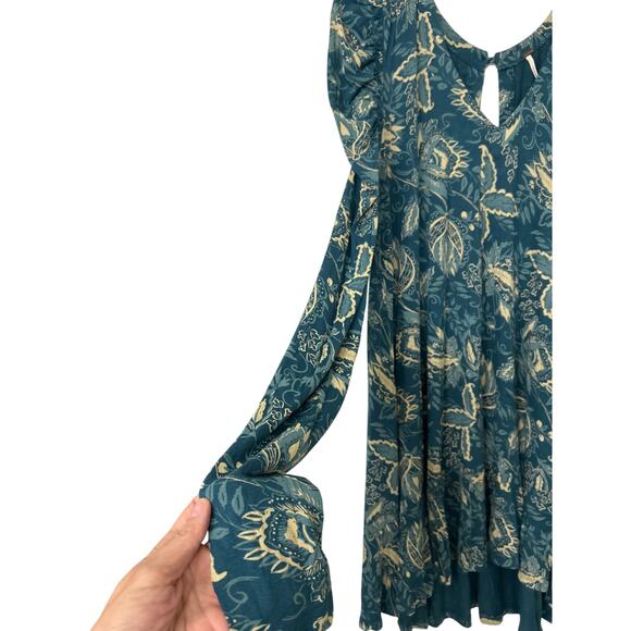 Free People Hello Lover Turquoise Floral Puff Sleeve Mini Dress Tunic Top L Boho - Picture 8 of 16